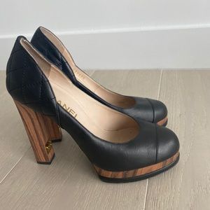 Chanel quilted leather black pump with wood heel